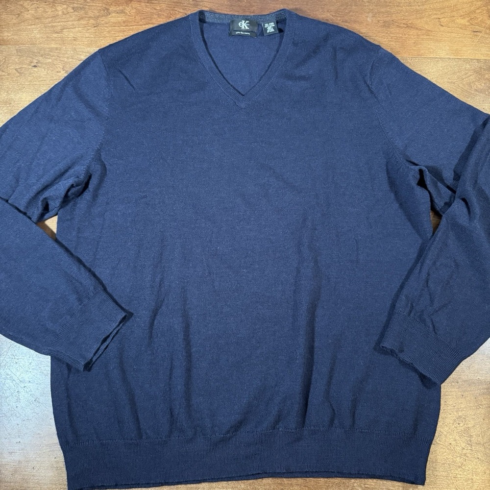 Calvin Klein Men Wool Sweater 100%‎ Soft Merino Wool XL V-Neck  Teal Blue LT WT